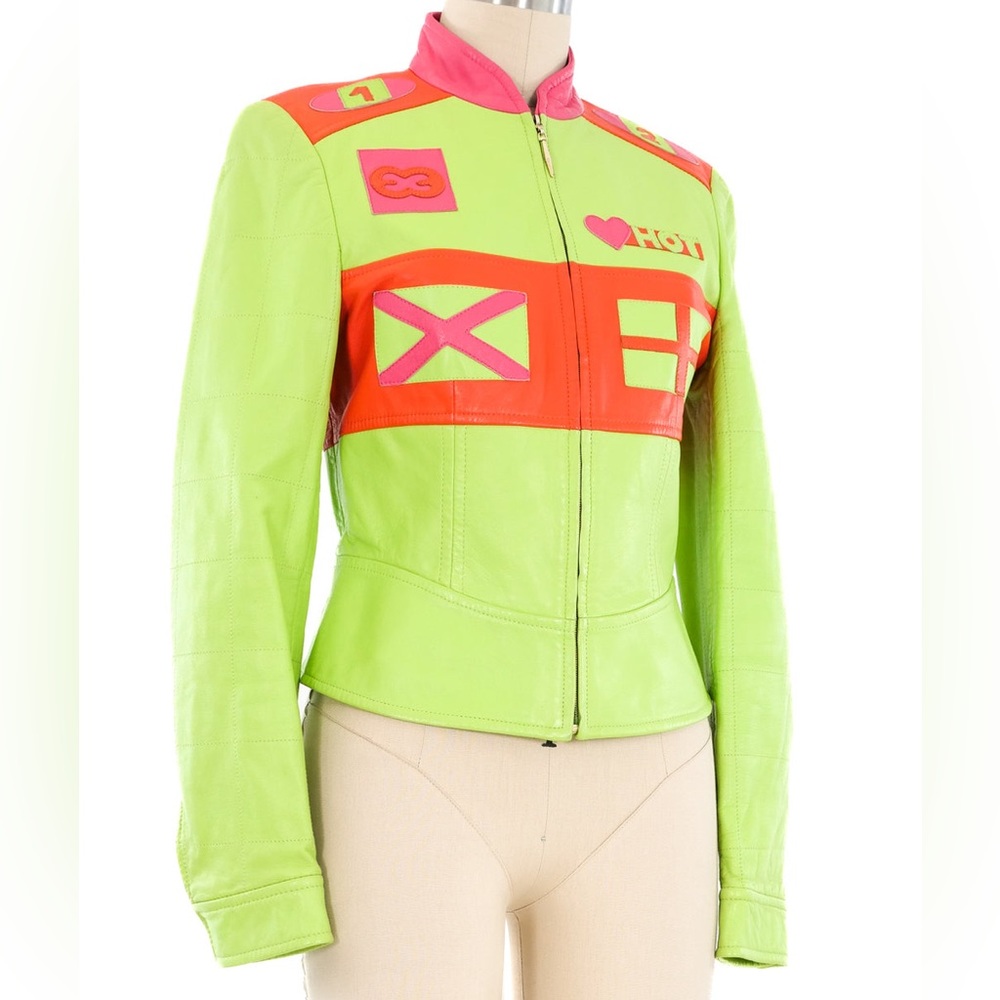 Escada Neon Leather Moto Jacket Vintage Excellent Early 2000s
